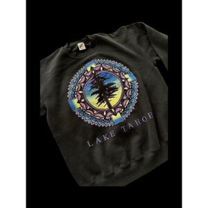 Vintage 80's Lake Tahoe Sweatshirt Skiing Size XL Jerzees USA Made Black Purple